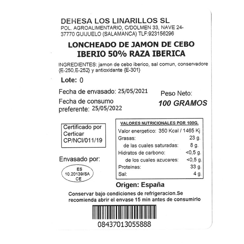 Pack of 100g envelopes of Ibérico Cebo (grain fed) Ham “Sierra de Codex”